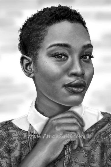 A beautiful black lady smiles at the camera while playing with her necklace. Photo realistic.