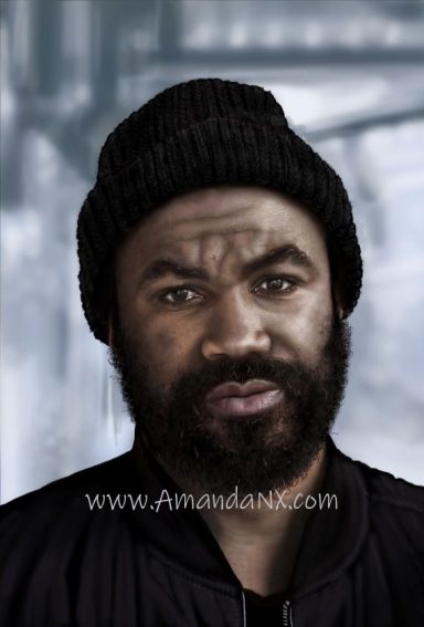 Photo realistic digital drawing of a man with kind eyes, incredible detail shows the pores on his skin and individual hairs in his beard.