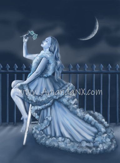 A beautiful lady sits on a stool in a stunning layered dress with ruffles in the moonlight, she sniffs a bunch of flowers.
